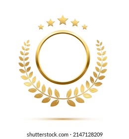 Gold round frame, stars and circular wreath from olive leaf, 3d golden anniversary medal