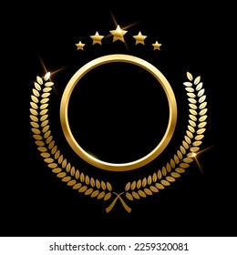 Gold round frame, stars and circular wreath from olive leaf vector illustration. Realistic 3d golden anniversary medal, winner certificate with shine light effect isolated on black background.