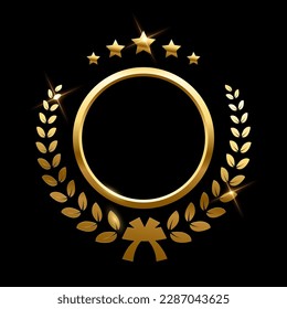 Gold round frame, stars and circular wreath from olive leaf vector illustration. Realistic 3d golden anniversary medal, winner certificate with shine light effect isolated on black background.