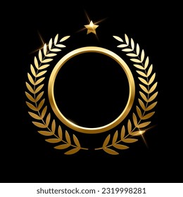 Gold round frame, stars and circular wreath from olive leaves vector illustration. Realistic 3d golden anniversary medal, winner certificate with shine light effect isolated on black background