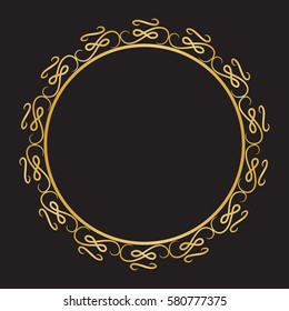 Gold round frame with swirls. Greeting card with place for text, gold menu and invitation border. Vector illustration.