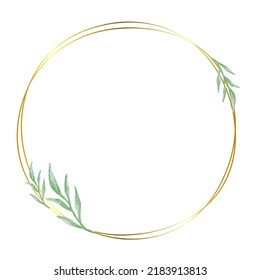 Gold round frame with watercolor floral illustration. Round shape borders with green leaves on white background. Geometric line circle design elements.