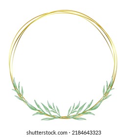 Gold round frame with watercolor floral illustration. Round shape borders with green leaves on white background. Geometric line circle design elements.