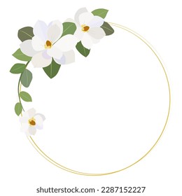 Gold round frame with white flowers and green leaves isolated on a white background