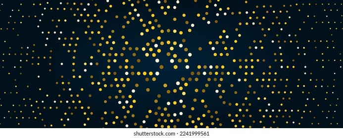 Gold round glitter dots texture. Golden shiny halftone effect pattern. Dots pop art background. Luxurious glowing yellow dots circle on dark blue background. Abstract golden glittering halftone design