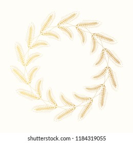 Gold round hand drawn wreath with malt, barley, wheat, rye ears. Design beer label frame. Vector isolated illustration.