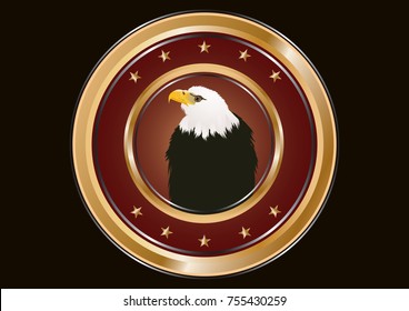 Gold round icon - Eagle - head - isolated on black background - vector art