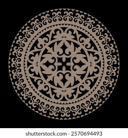 Gold round Kazakh national ornament, persian motiff on black background. Abstract Patterns of Turkic peoples, Kazakh, Kyrgyz, Mongol. Islam, Arabic, Indian, ottoman motif. Gold Medallion, embroidery