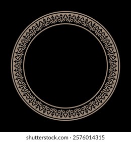 Gold round Kazakh national ornament on black background. The classic pattern of the peoples of the Great Steppe. The decoration of the yurt of the Turks, Mongols, Kyrgyz, Kazakhs. Islamic round frame 