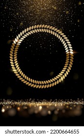 Gold Round Laurel Wreath And Falling Glitter Vector Illustration. Realistic Movie Award, Golden Dust In Festive Glamour Holiday Poster, Confetti Rain From Shiny Particles On Black Background.