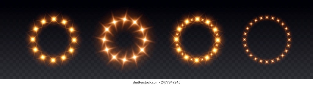 Juego de marcos de efecto de luz redondo dorado. Anillos con lámparas aisladas sobre fondo oscuro. Portal de fantasía de la estrella mágica, teletransportarse. Vector cósmico vibrante circulo bordes. Bombillas de neón brillantes