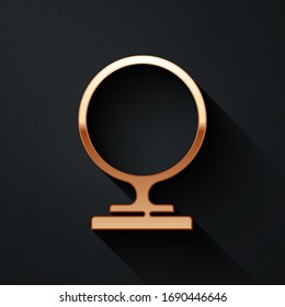 Gold Round makeup mirror icon isolated on black background. Long shadow style. Vector Illustration