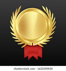 Gold round medal blank with wreath. Award with a red ribbon for the winner.