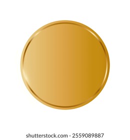 Gold round medal. Golden coin. First place award frame isolated on transparent background. Winners trophy. Blank shiny badge, label. Realistic vector illustration.