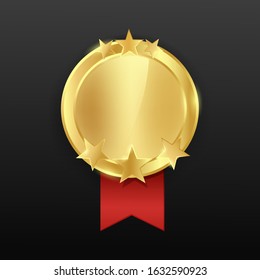 Gold round medal with a red ribbon. Reward for victory or achievement. Icon medal with stars.