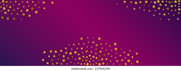 Gold Round Modern Vector Panoramic Purple Background. Bright Dust Texture. Shiny Shine Holiday Wallpaper. Sparkle Paper Banner.