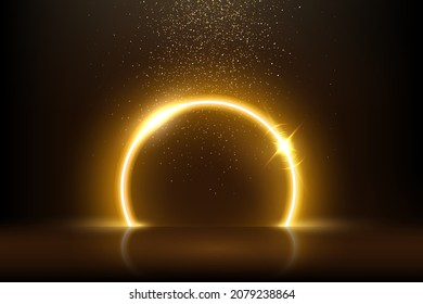 Gold round neon circle frame and magic falling particles vector illustration. Abstract bright electric ring with glow flare light effect and rain of shiny confetti elements on dark background