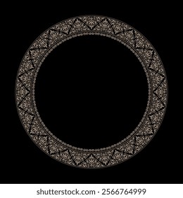 Gold round Oriental ornament frame on black background. Oriental round frame with arabesques. For design postcards, Sandblasting, ceramic, patchwork. Golden round oriental frame border from ornament