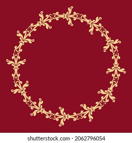 Gold round ornament. Decorative frame in oriental style. Place for text. Gold, red. Ornament for decoration of cards and invitations.