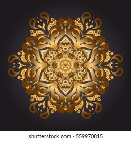 Gold round ornament pattern on a black background. Vector Mandala.