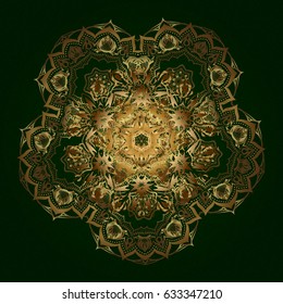 Gold round ornament pattern on a green background. Vector Mandala.