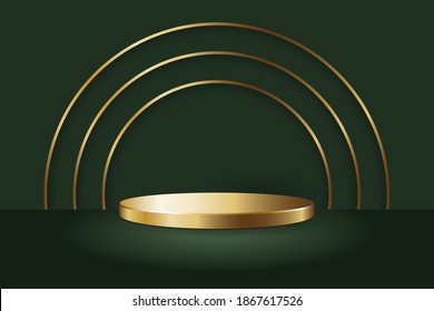 Gold round podium display stand mockup template with gold circle lines on green floor and background with shadow. Ready to use for your design or business. Vector illustration.