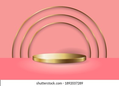 Gold round podium display stand mockup template with gold circle lines on pink floor and background with shadow. Ready to use for your design or business. Vector illustration.