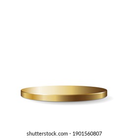 Gold round podium display stand mockup template. Isolated on white background with shadow. Ready to use for your design or business. Vector illustration.