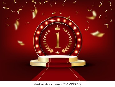 Gold round podium. First place. Pedestal. Red background. Laurel wreath. Vector illustration