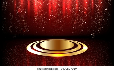 Gold round podium on red background for product promotion. Vector illustration.