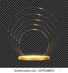 Gold round podium for product. 3d pedestal with golden rings vector illustration. Geometric stage on floor in room. Abstract realistic place for advertising or decoration.