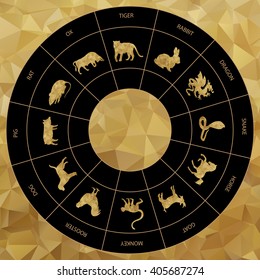 Gold Round Polygon Chinese zodiac signs icons set. 