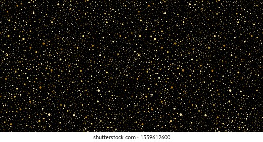 Gold round splash dots or glittering spangles seamless background. Hand drawn spray texture. Golden blobs, sparks, sparkles or glitter on black background endless template. Luxury splatter pattern.