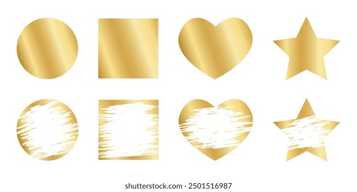 Gold round, square, heart and star scratch card shapes with new and scraped textures. Set of of winner lotteries, sale coupons, jackpot scratchcard templates. Vector illustration.