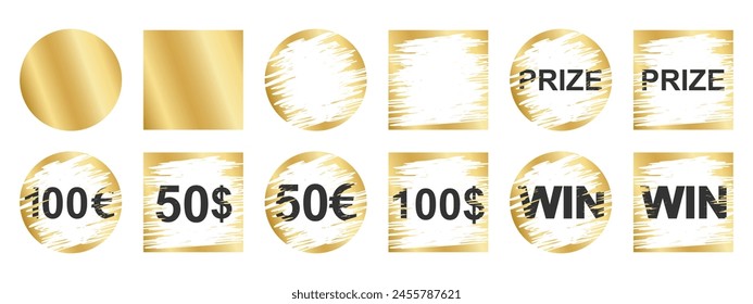 Gold runde und quadratische Rubbelkarten-Oberflächen mit neuen und abgeschabten Texturen und Win, Preis und Geld gewinnenden Text. Set von Gewinner-Lotterien, Sale-Coupon, Jackpot-Rubbelkarten-Vorlagen.