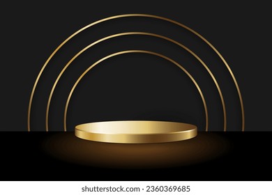 Gold round stage, podium display stand on black floor with gold circle lines wall background mockup template. Ready to use for your design or business. Vector illustration.