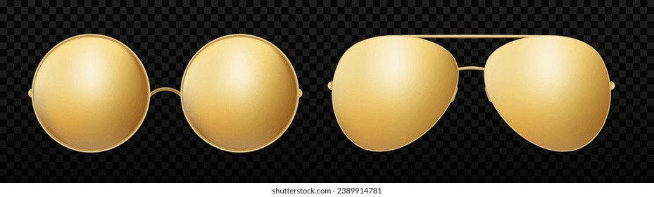 Gold round sunglasses with gold frame. Aviator Sun glasses with gradient lenses vector illustration. Golden googles.