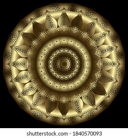 Gold round surface 3d mandala pattern. Ornamental Deco background. Textured floral golden ornaments. Luxury grunge backdrop. Beautiful lacy vector design with circles, flowers, grid, frame, border.