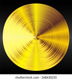 gold round textured metal button with a concentric circle texture pattern and metallic sheen overhead view on black vector illustration. abstract