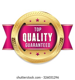 Gold round top quality badge with purple ribbon on white background