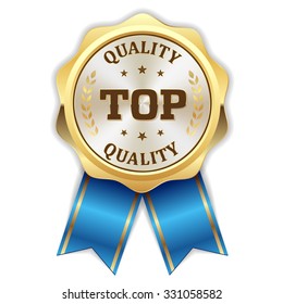 Gold round top quality rosette with blue ribbon on white background