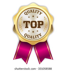 Gold round top quality rosette with purple ribbon on white background