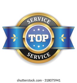 Gold round top service badge with blue ribbon