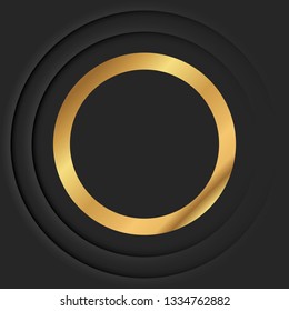 Gold round vintage frame with shadow on black background. Golden luxury circle border - realistic vector illustration