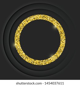 Gold round vintage frame with shadow on black background. Golden luxury 3d vector border with glitters - realistic vector illustration