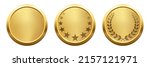 Gold round winner medals with laurel wreath and stars silhouettes set vector illustration. Realistic 3d circle golden medallions for champion, anniversary or jubilee celebration isolated on white