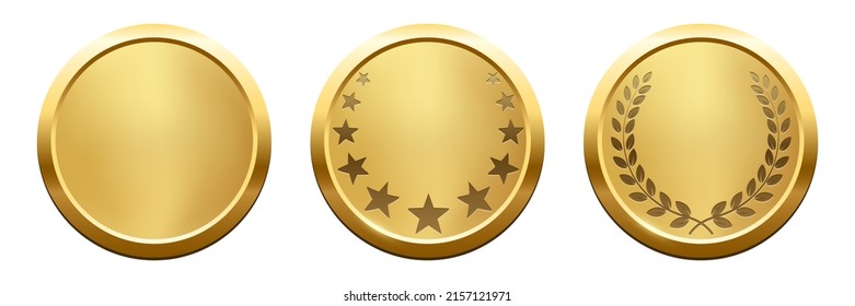 Gold round winner medals with laurel wreath and stars silhouettes set vector illustration. Realistic 3d circle golden medallions for champion, anniversary or jubilee celebration isolated on white