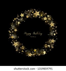 Gold round wreath of sparkles. Decoration. Glitter frame for greeting cards. Circlet of golden powder, stars and light effects.