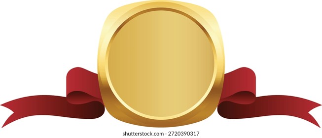 Insignia cuadrada redondeada de oro con ilustración de cinta roja sobre fondo transparente.