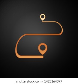 Gold Route location icon isolated on black background. Map pointer sign. Concept of path or road. GPS navigator.  Vector Illustration